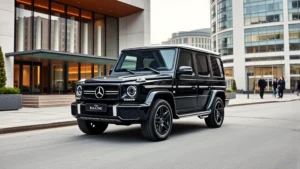 Professional photograph of a black Mercedes G Wagon parked in front of modern luxury architecture, showcasing the vehicle's iconic boxy design and premium positioning in upscale urban environment