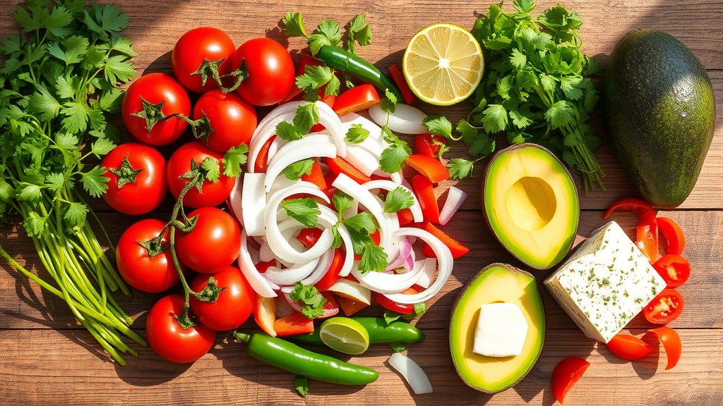 Overhead flat lay of fresh Mexican salad ingredients including vibrant red tomatoes, white onions, jalapeños, cilantro, lime, avocado, and cotija cheese arranged on a rustic wooden surface with natural sunlight