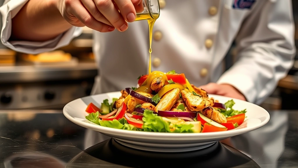 Professional chef plating a colorful Mexican salad in a restaurant kitchen, showing careful arrangement of grilled chicken, fresh vegetables, and lime vinaigrette being drizzled over the dish