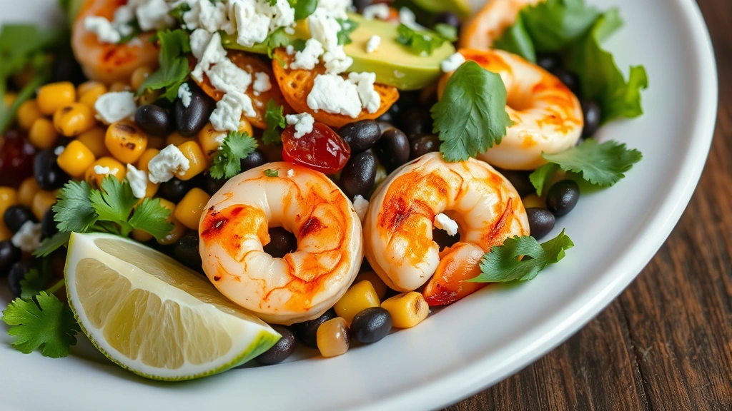 Close-up of a finished restaurant-quality Mexican salad with charred corn, black beans, grilled shrimp, creamy avocado, fresh cilantro, and crumbly cotija cheese on a white ceramic plate with lime wedge