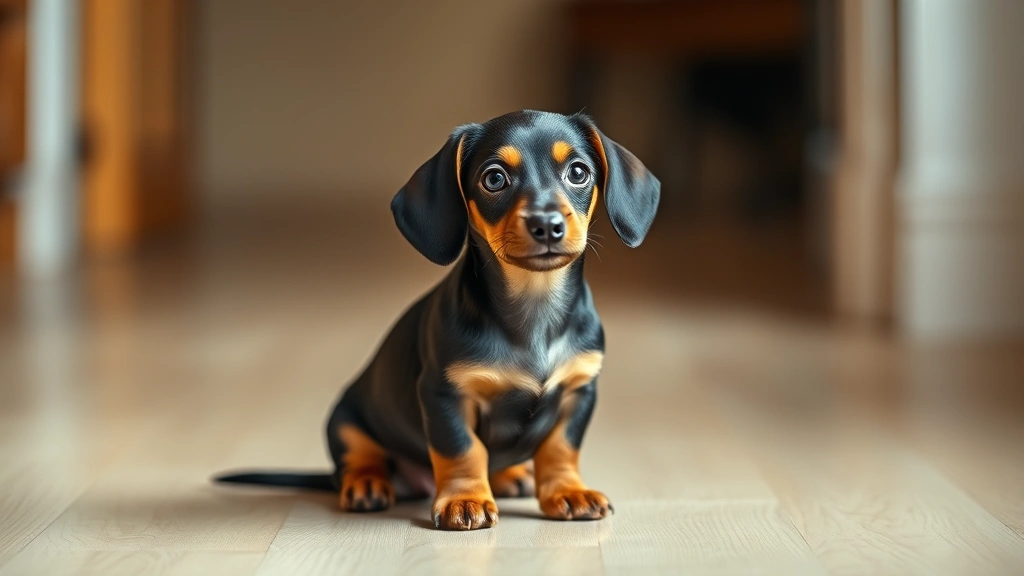 Small miniature dachshund puppy sitting attentively on light wooden floor, professional studio lighting, warm natural tones, shallow depth of field focusing on puppy's alert expression and distinctive long body