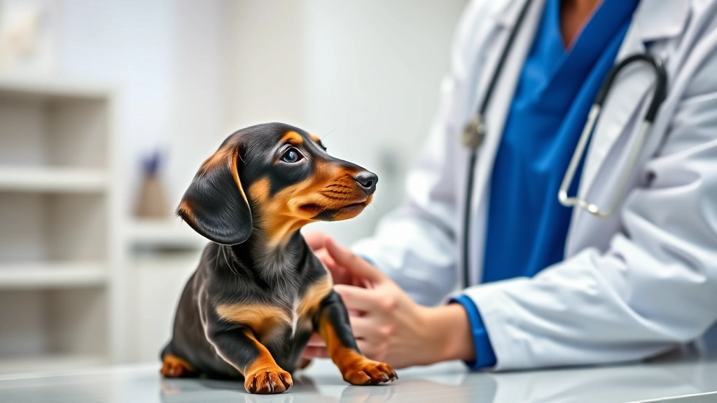 Veterinarian examining young dachshund puppy during health check appointment, modern veterinary clinic setting, stethoscope visible, professional medical environment with natural daylight