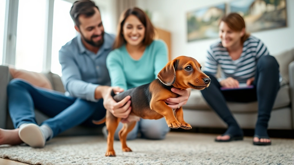 Family with mini dachshund puppy in living room during training session, owner holding puppy correctly supporting elongated body, comfortable home environment with furniture in background, candid lifestyle photography