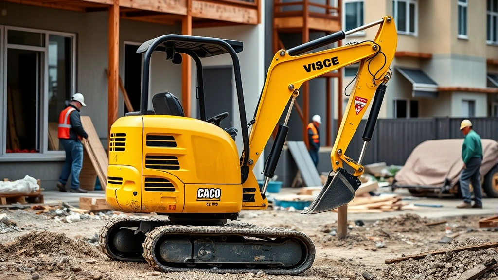 Professional photograph of bright yellow mini excavator (3-ton class) operating on a residential construction site with workers and building materials in background, showing compact size in confined urban space, natural daylight, sharp focus on equipment details