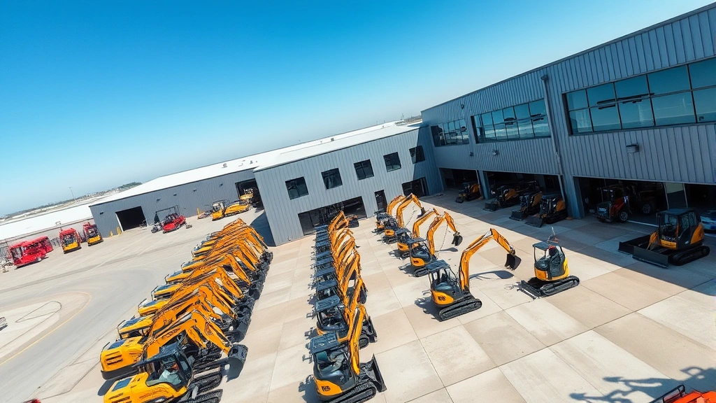 Overhead view of modern equipment retail facility with multiple mini excavators lined up in organized rows, clean professional environment, blue sky, showing inventory management and dealer operations