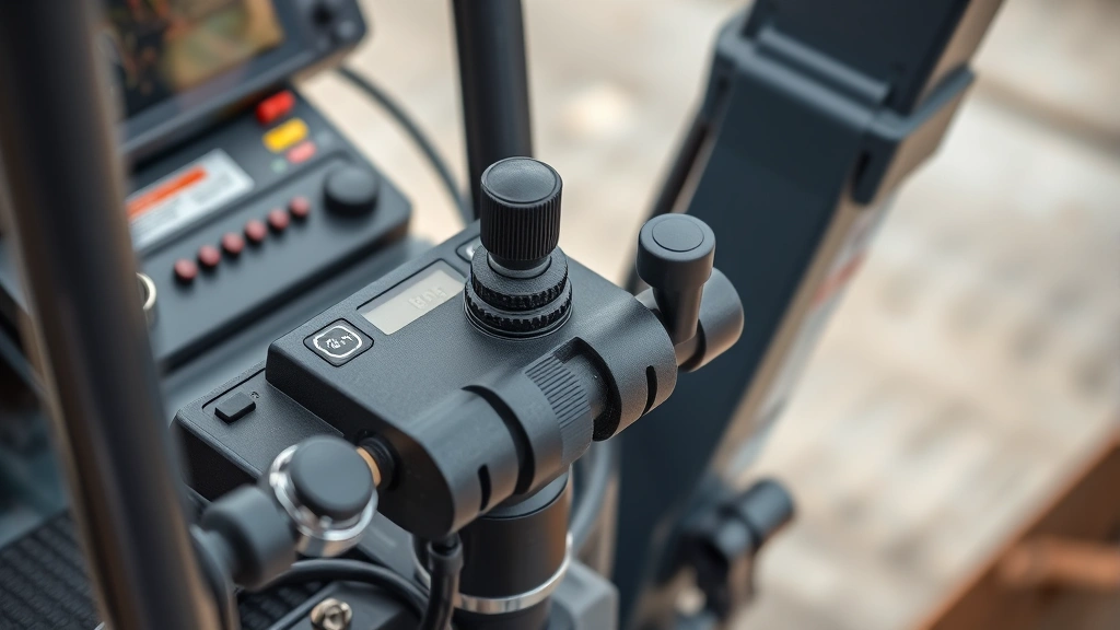 Close-up detail shot of mini excavator operator controls and hydraulic system components, professional technical photography highlighting precision engineering and control interface, neutral background