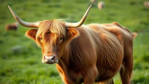 Small Highland cow with distinctive long horns standing in lush green pasture, professional livestock photography, natural daylight, healthy muscular build showing breed characteristics