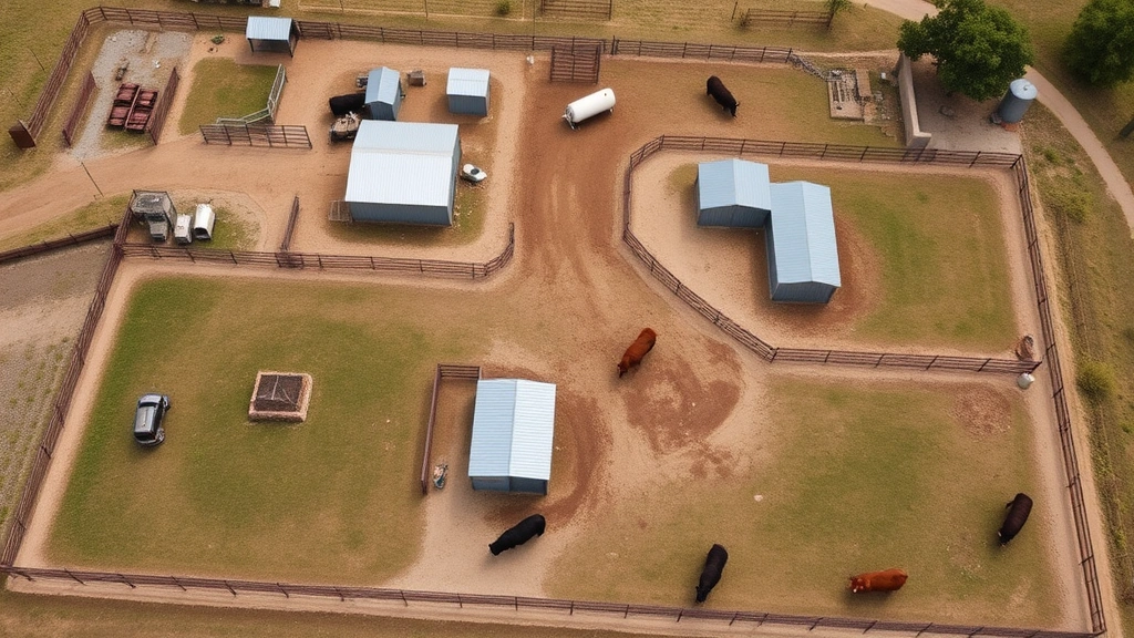 Overhead view of well-organized farm facility with fence sections, shelter structures, and grazing areas designed for miniature cattle operations, aerial perspective showing layout and infrastructure