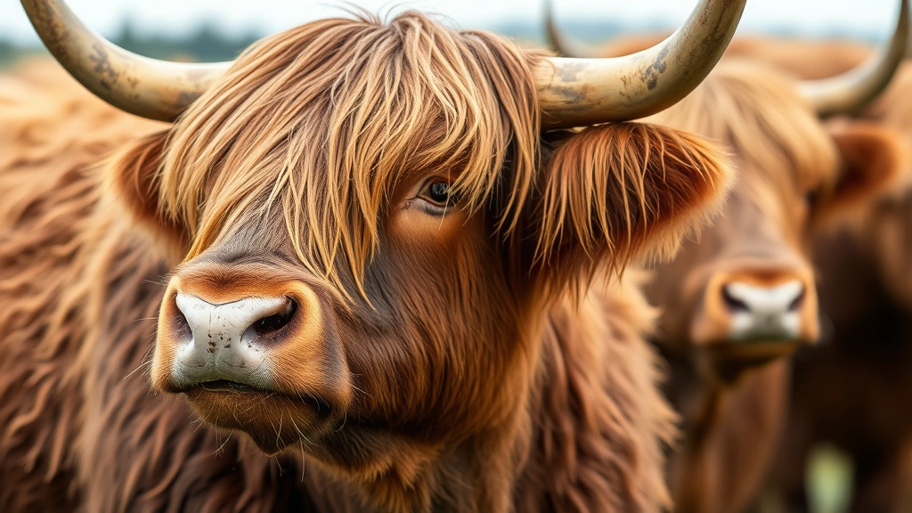 Close-up of Highland cattle showing thick double coat texture and facial features, professional animal photography highlighting breed characteristics and health indicators, natural outdoor setting