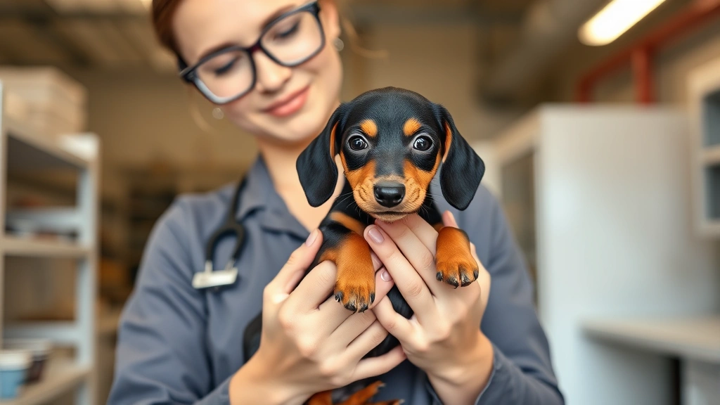 Professional female breeder in clean, bright facility holding healthy miniature dachshund puppy, showing proper handling technique with both hands supporting body, warm lighting, professional setting, no text visible