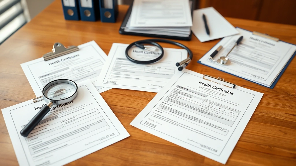 Health certification documents and veterinary records spread on wooden desk with magnifying glass, stethoscope, and clipboard visible, professional office environment, no text legible