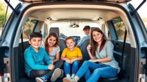 Family of five sitting inside a spacious minivan interior with open sliding doors, modern dashboard visible with touchscreen display, bright natural lighting showing comfortable seating arrangement and cargo space