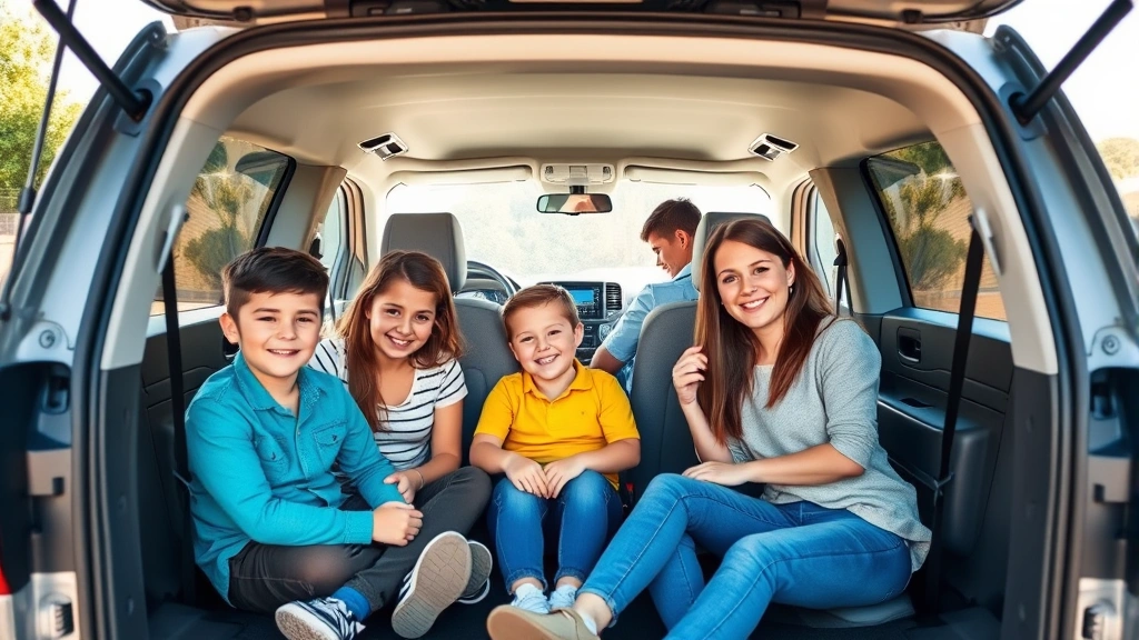 Family of five sitting inside a spacious minivan interior with open sliding doors, modern dashboard visible with touchscreen display, bright natural lighting showing comfortable seating arrangement and cargo space