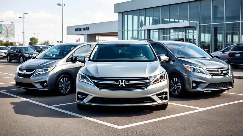 Three minivans parked in a row at a car dealership lot during daytime, different trim levels visible, professional automotive photography style with clear vehicle details and modern facility background