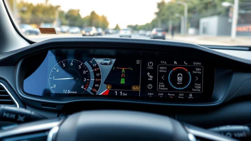 Close-up of minivan safety technology features including dashboard camera view, sensor indicators, and advanced driver assistance system display on infotainment screen, modern vehicle cockpit environment