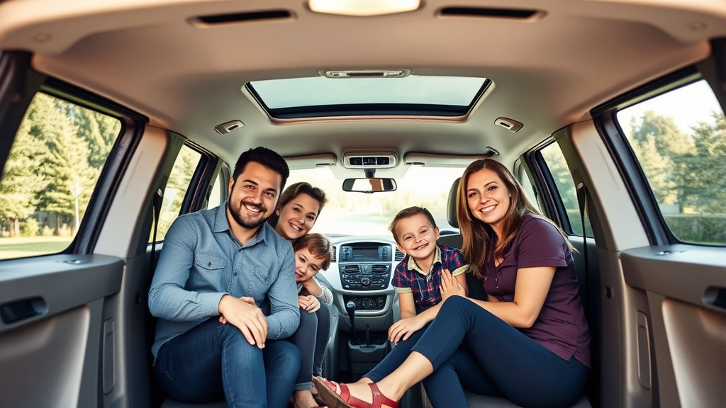 Professional family sitting in spacious minivan interior with open sliding doors, natural daylight streaming through windows, modern dashboard visible, parents and children smiling, clean contemporary minivan cabin with comfortable seating arrangement