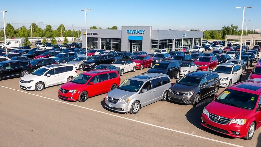 Automotive dealer lot with multiple minivans displayed during daytime, various model colors arranged in rows, professional outdoor setting, dealership signage visible in background, clear weather conditions, diverse minivan models showcasing market options