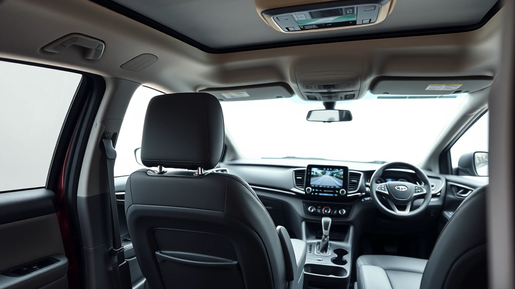 Close-up of minivan features including power sliding door mechanism in operation, safety features like backup camera display on dashboard screen, modern infotainment system, interior comfort elements like heated seats and cup holders, technical automotive details