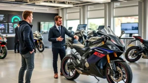 Professional motorcycle salesperson presenting sleek sport bike to interested customer in modern showroom with digital displays showing specs, natural lighting, confident body language