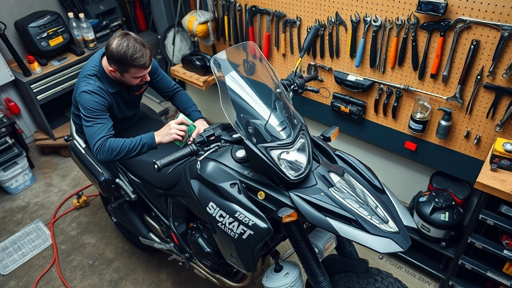 Overhead view of motorcycle maintenance workshop with technician performing oil change on adventure bike, tools organized on pegboard, professional garage environment