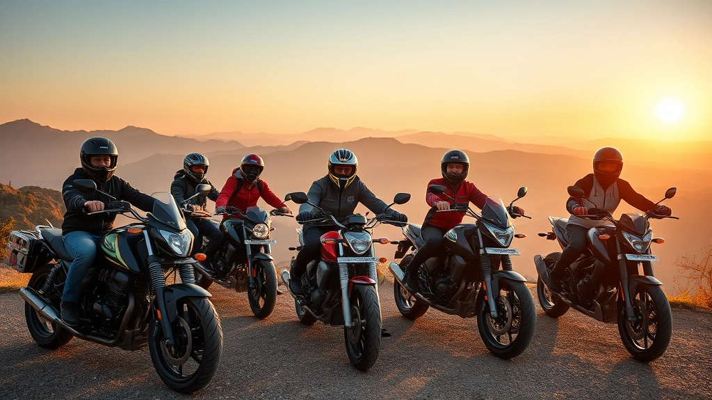 Group of diverse motorcycle riders on various bikes at scenic mountain overlook during golden hour, showcasing different motorcycle categories in natural outdoor setting