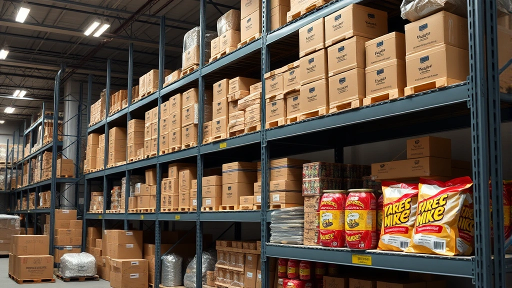 Professional warehouse shelving stocked with organized MRE cases and emergency food supplies, industrial lighting, clean organized storage environment