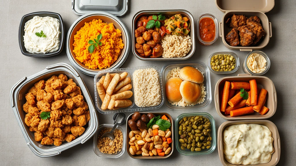 Close-up of MRE meal components laid out systematically showing variety of entrees and side dishes, neutral background, professional product photography