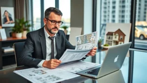 Professional investor reviewing multi-family property documents and floor plans at modern office desk with laptop and architectural renderings, natural lighting, business attire, focused expression analyzing real estate data