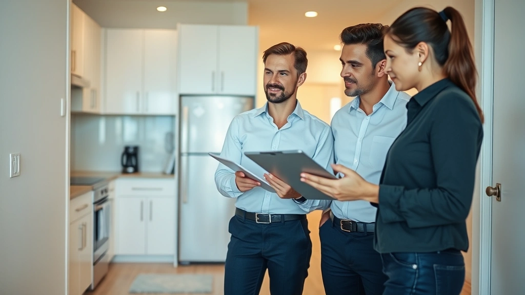 Team of property managers conducting unit inspection with clipboard and digital tablet, examining interior apartment condition, professional workwear, bright modern unit interior with updated appliances and fixtures