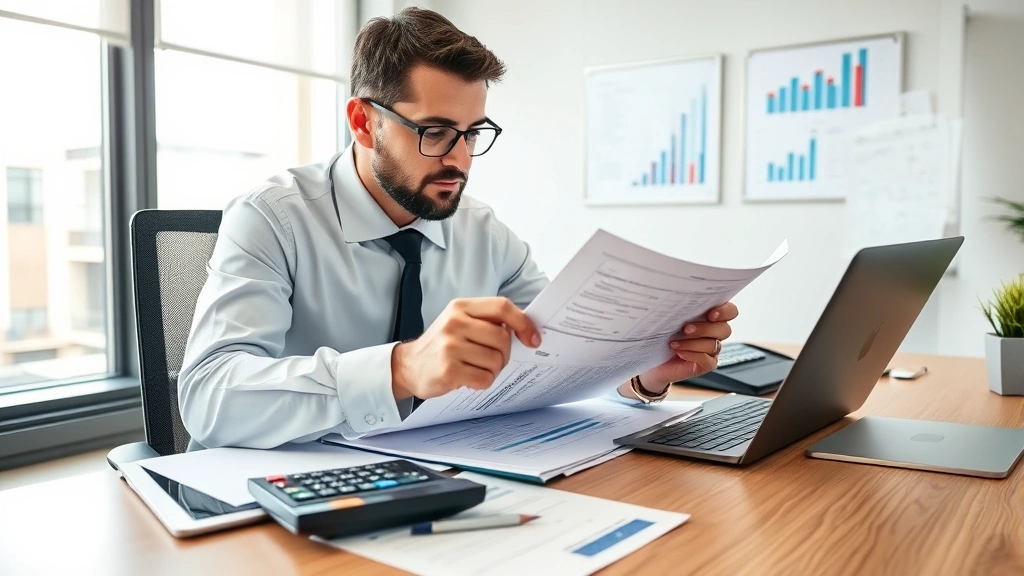 Professional accountant reviewing sales tax documents and calculator on desk, focused on Nevada tax forms and compliance records, modern office setting with computer and financial charts