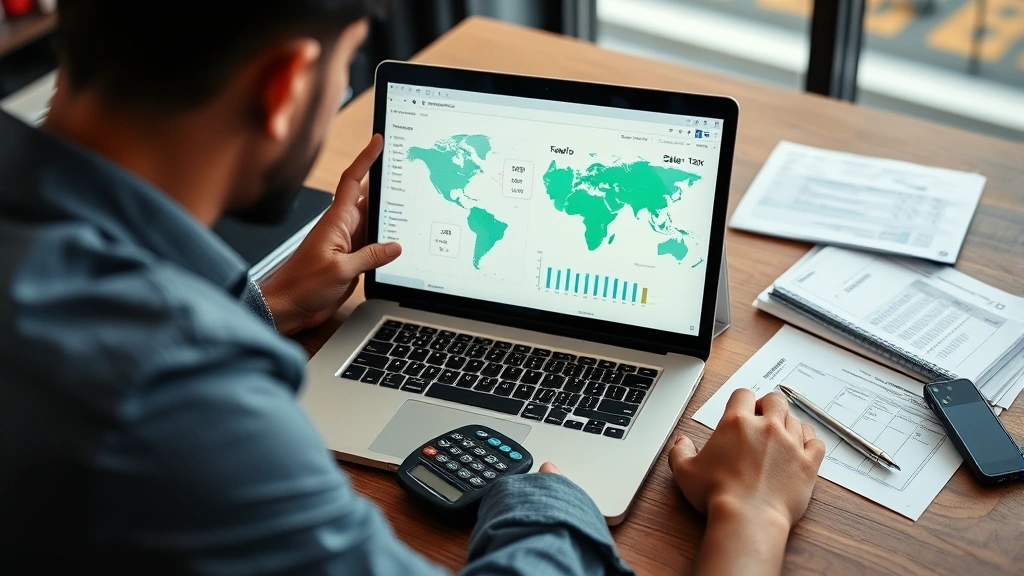 Diverse retail business owner analyzing sales tax data on laptop screen showing tax rates and geographic regions, with calculator and tax documents spread across wooden desk