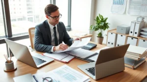 Professional accountant analyzing tax documents and financial spreadsheets on modern office desk with calculator, laptop, and organized filing system, natural daylight from window