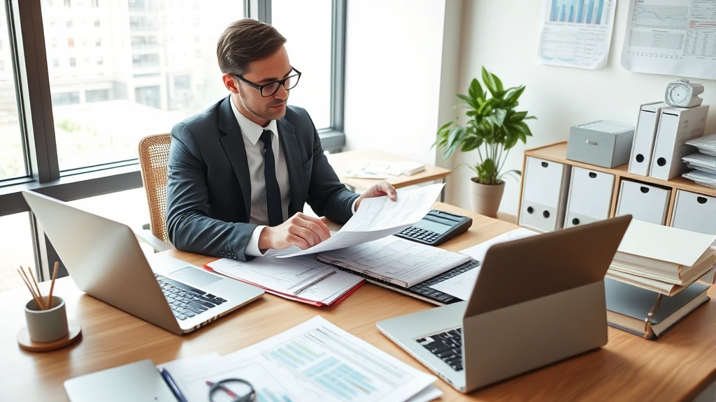 Professional accountant analyzing tax documents and financial spreadsheets on modern office desk with calculator, laptop, and organized filing system, natural daylight from window