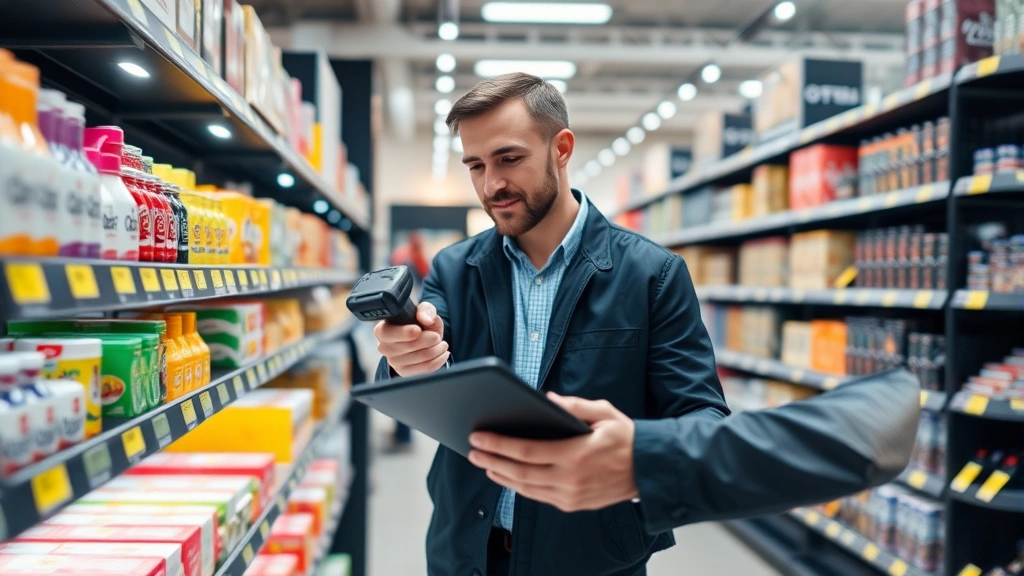 Business owner scanning products in retail store with handheld barcode scanner and tablet, modern shelving with merchandise, professional retail environment