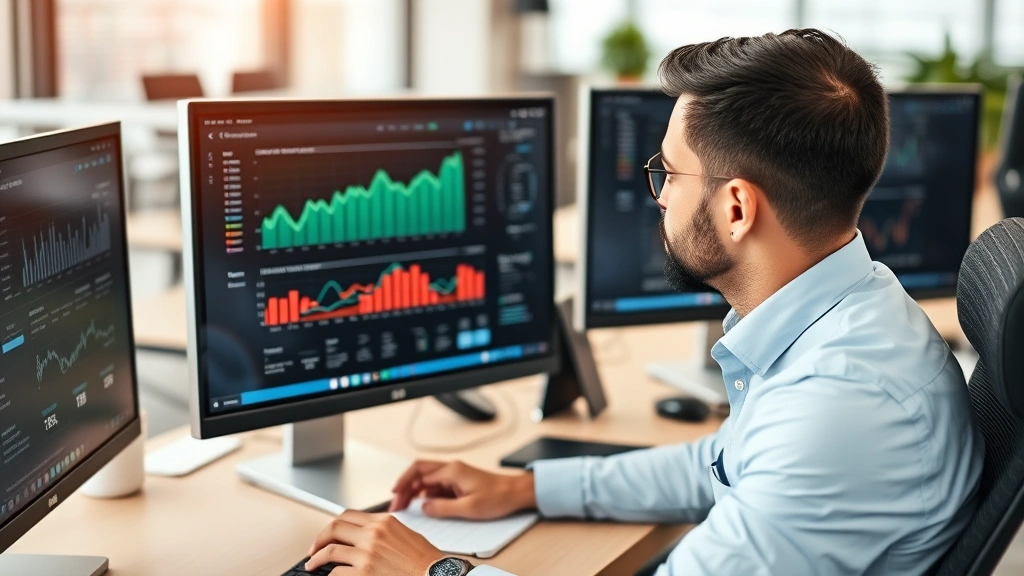 Tax compliance professional reviewing digital sales data on computer screen showing graphs and analytics, modern office setting with multiple monitors and professional workspace