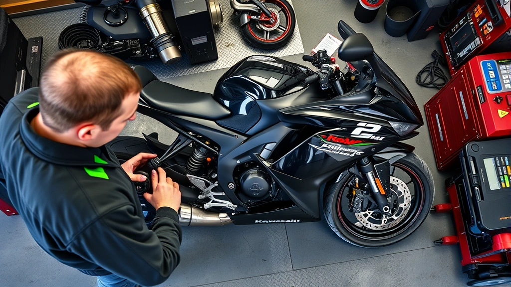 Overhead view of a motorcycle mechanic inspecting a Kawasaki Ninja 400 sport bike in a professional garage, checking brakes and suspension components with diagnostic tools