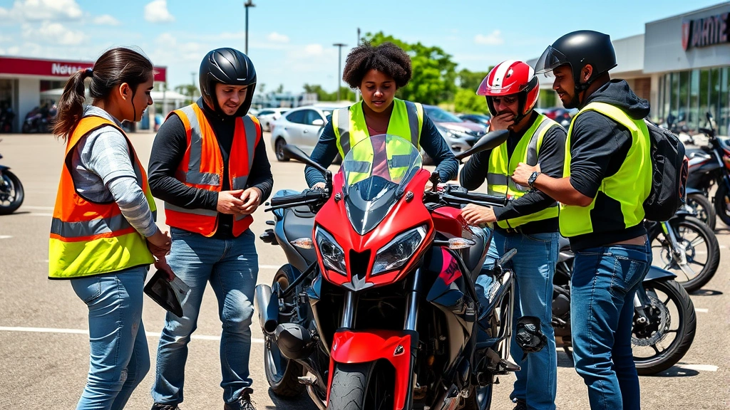 Young diverse riders in safety gear examining a red Ninja 400 motorcycle at an outdoor dealer lot on a sunny day, comparing bikes with interest and confidence