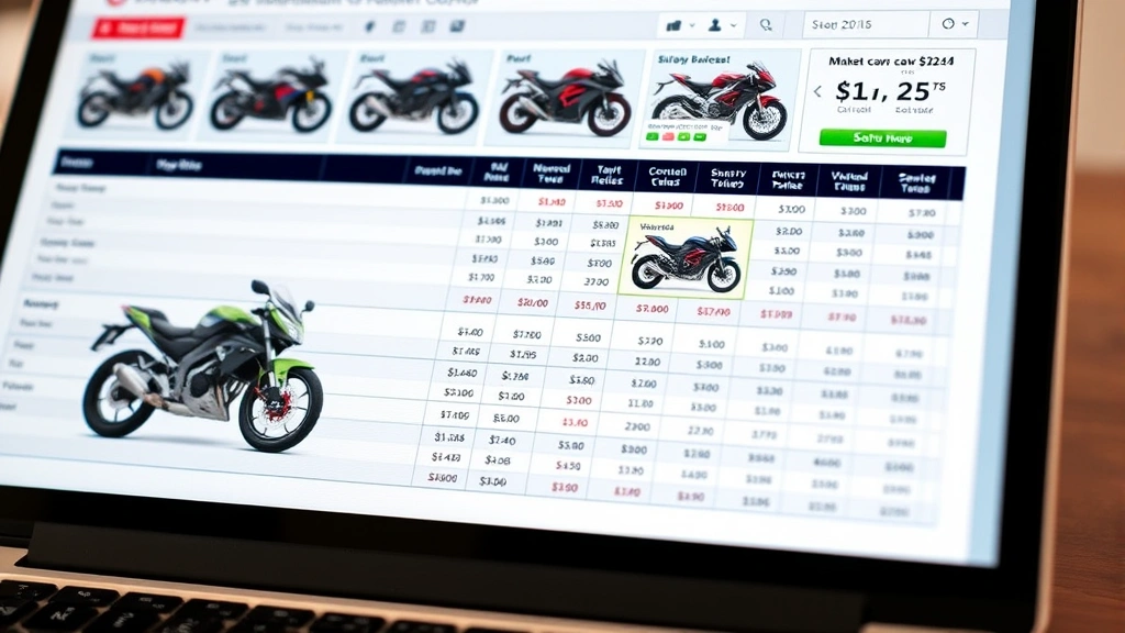 Close-up detail shot of motorcycle pricing comparison spreadsheet on a laptop screen with multiple bike listings, market data, and valuation charts displayed