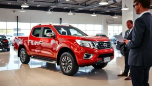 Professional automotive dealership interior with Nissan Frontier pickup truck prominently displayed on showroom floor, modern lighting, clean environment, salesperson in business attire reviewing documents with customer