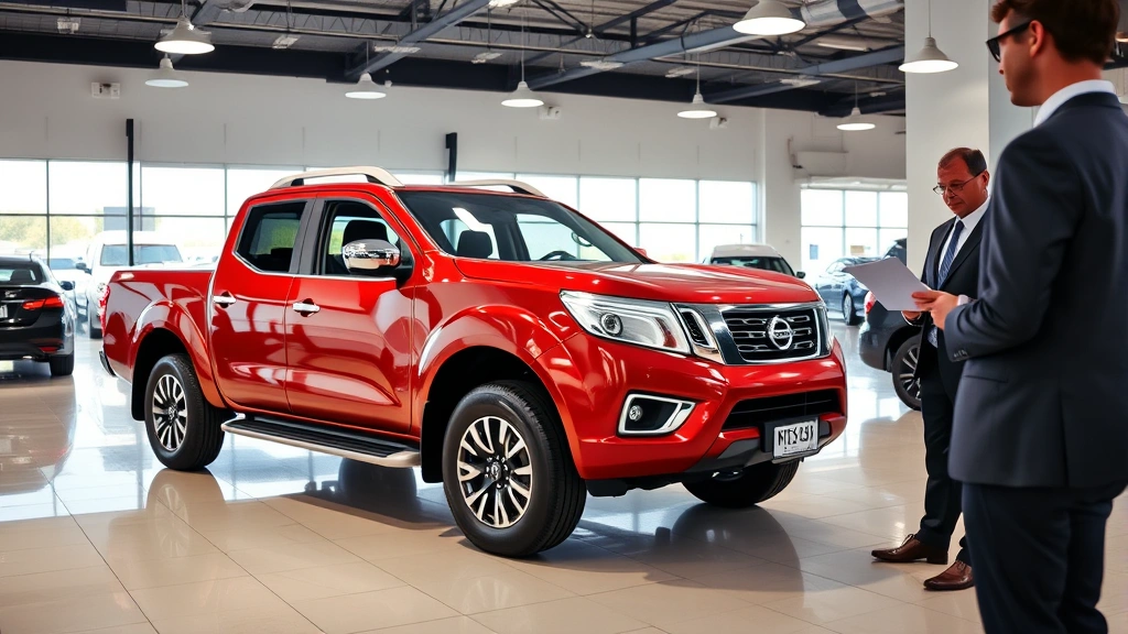 Professional automotive dealership interior with Nissan Frontier pickup truck prominently displayed on showroom floor, modern lighting, clean environment, salesperson in business attire reviewing documents with customer