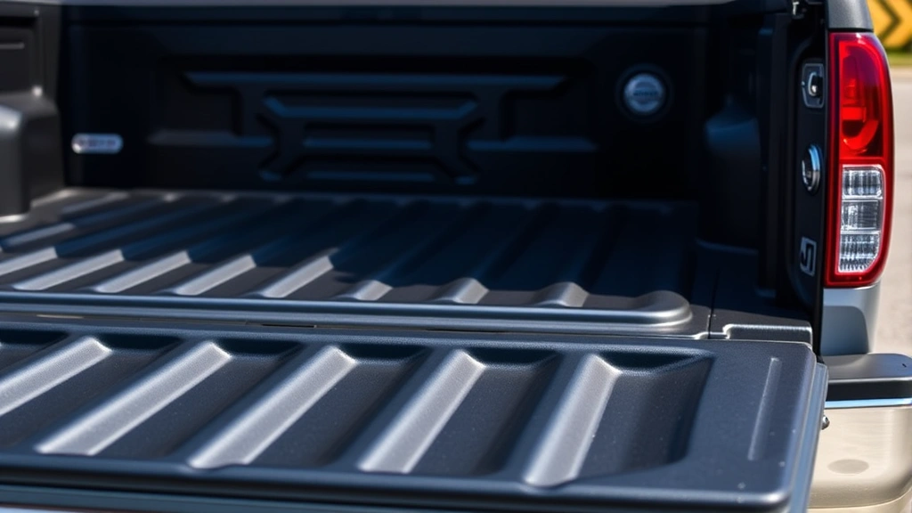 Close-up detail shot of Nissan Frontier truck bed and tailgate, showing quality construction and design features, natural daylight, professional automotive photography style