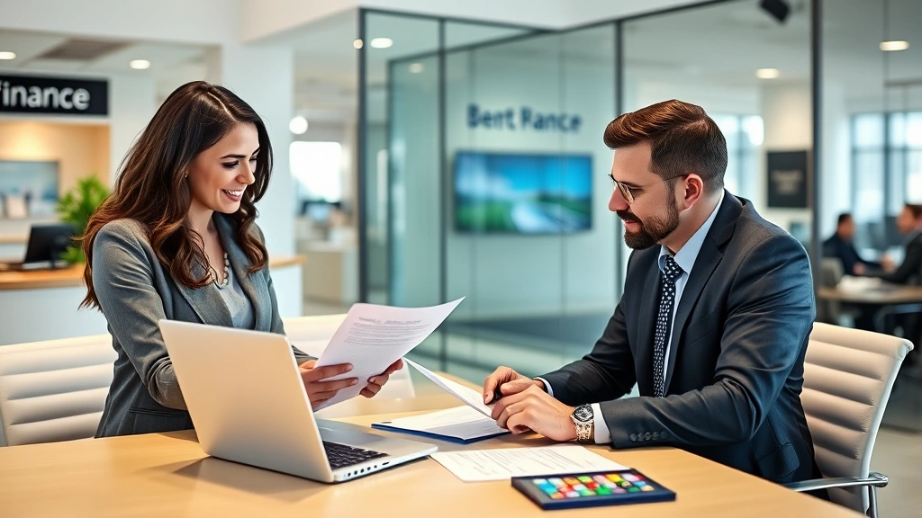 Customer in casual business attire reviewing documents at dealership finance desk with professional finance manager, laptop and contract visible, modern office setting, natural lighting