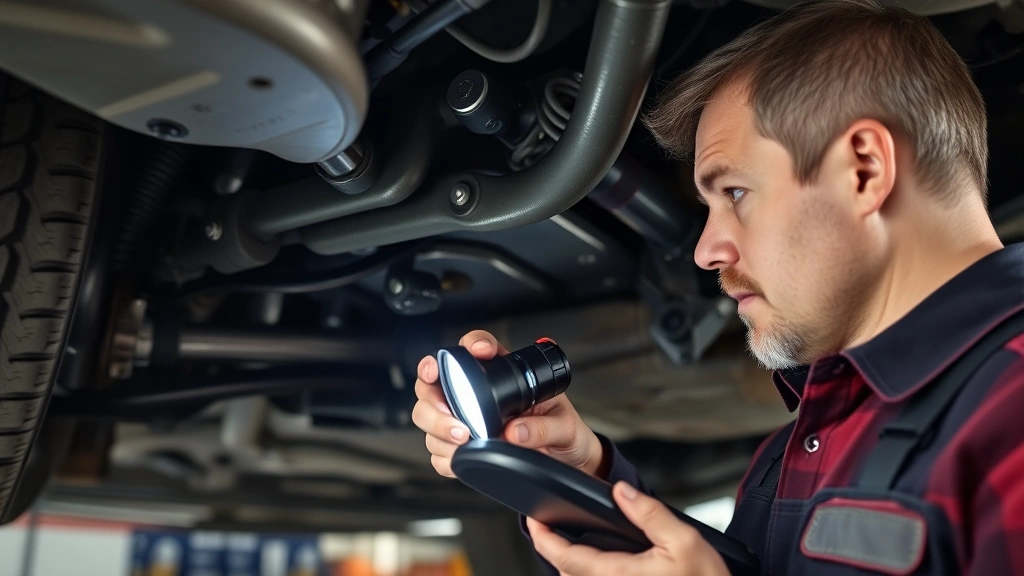 Professional mechanic inspecting vehicle undercarriage with flashlight and diagnostic tools, detailed examination of suspension components and fluid leaks