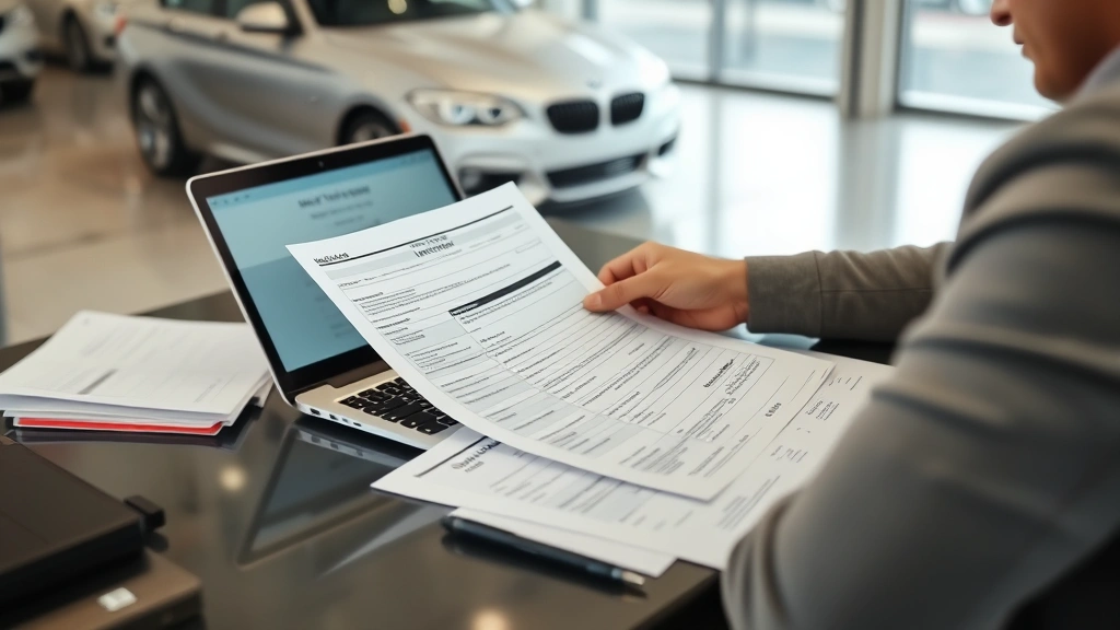 Buyer reviewing vehicle history report and title documents at dealership desk with laptop, organized paperwork and inspection checklist visible