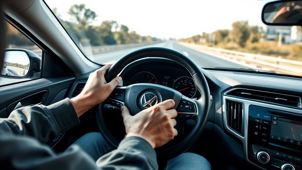 Test drive scenario showing driver's hands on steering wheel with focus on dashboard instruments and controls, highway driving in daylight