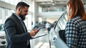 Professional automotive sales consultant reviewing vehicle specifications with customer in modern dealership showroom, digital tablet visible, natural lighting