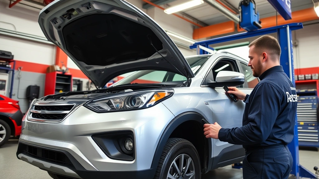 Detailed mechanic performing comprehensive vehicle inspection under hood of silver compact SUV, diagnostic tools present, professional garage setting