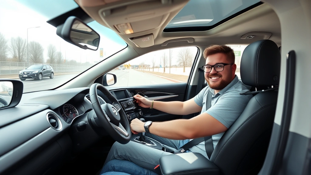 Customer sitting in driver seat of Nissan Rogue crossover SUV during test drive, confident expression, modern road environment, daylight conditions