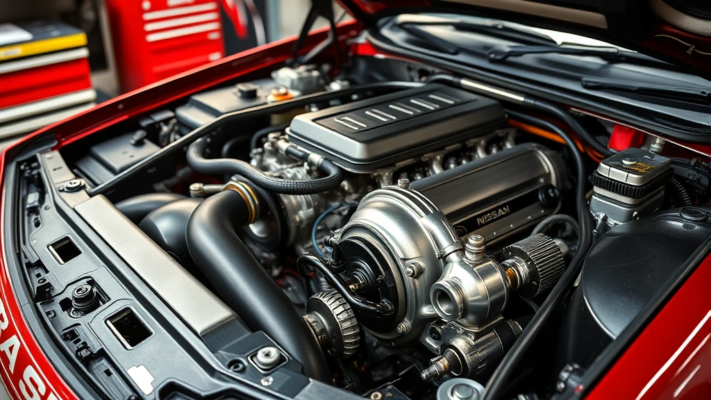 Close-up detail shot of a Nissan Skyline engine bay showing the twin-turbo system with polished components and original specifications, professional automotive photography style, well-lit mechanics workshop setting