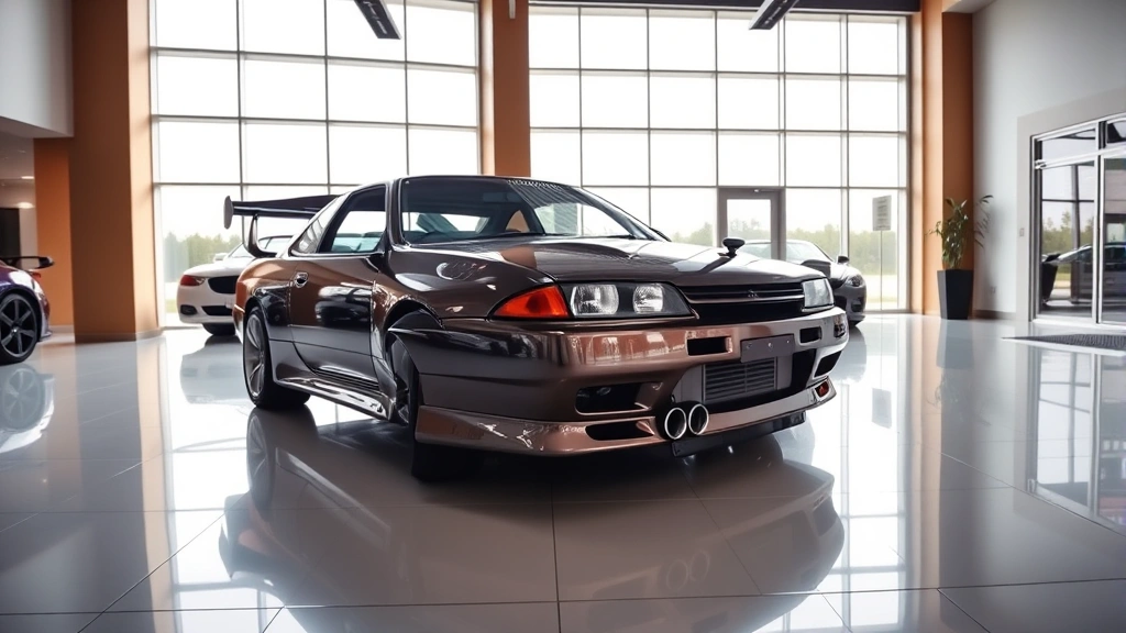 Wide angle shot of a Nissan Skyline R32 displayed in a luxury automotive dealership interior with contemporary design, soft natural lighting through large windows, vehicle positioned at three-quarter angle, professional presentation style